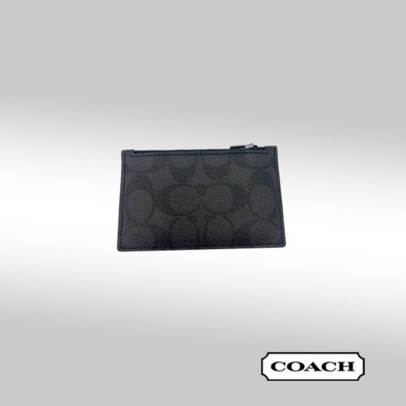 Coach Zip Card Case – Dark Gray Signature Canvas with Black Leather - Picture 1 of 4